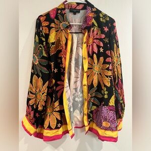 Cynthia Rowley Tunic Blouse Size 1X Button-up in Vivid Yellow Pink Purple Floral